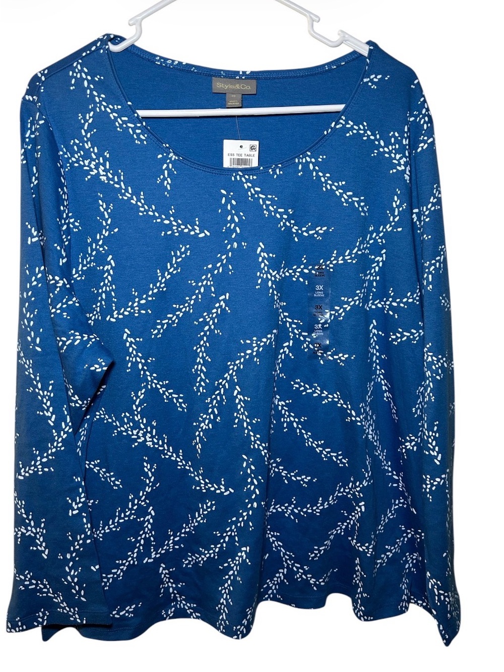 Style & Co NWT Blue Printed Long-Sleeve White Pattern Plus Size Women’s Top 3XL